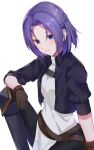  1girl 310setsu absurdres black_gloves black_jacket braid closed_mouth collared_jacket gloves hair_intakes highres jacket jun_(princess_connect!) long_sleeves medium_hair open_clothes open_jacket princess_connect! purple_hair shiny shiny_hair short_sleeves simple_background sitting smile solo violet_eyes white_background wing_collar 