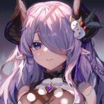  1girl absurdres bare_shoulders blue_eyes braid breasts character_request closed_mouth crown_braid eyebrows_visible_through_hair gradient_eyes granblue_fantasy hair_ornament hair_over_one_eye highres horns large_breasts long_hair looking_at_viewer multicolored_eyes narmaya_(granblue_fantasy) pointy_ears purple_hair shanguier sleeveless solo turtleneck upper_body violet_eyes wavy_mouth 