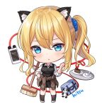  1girl animal_ear_fluff animal_ears bag black_skirt blonde_hair blue_scrunchie breasts broom brown_cardigan brown_legwear cake cake_slice cardigan cardigan_around_waist cat_ears chibi clothes_around_waist collared_shirt commentary cup food full_body hair_ornament hair_scrunchie hand_on_hip hand_up hayasaka_ai hitsukuya index_finger_raised kaguya-sama_wa_kokurasetai_~tensai-tachi_no_renai_zunousen~ kemonomimi_mode long_hair long_sleeves medium_breasts phone_with_ears pleated_skirt saucer school_bag school_uniform scrunchie shirt shoes side_ponytail sidelocks simple_background skirt socks solo standing sweater_vest tray white_background white_footwear white_shirt 