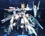  1girl alice_gear_aegis bangs blonde_hair blue_eyes breasts floating frilled_legwear gloves grey_leotard gun highres holding holding_gun holding_weapon holographic_interface large_breasts leotard long_hair looking_at_viewer low_ponytail mecha_musume rita_henschel science_fiction smile solo thigh-highs v-shaped_eyebrows weapon white_gloves yaki_(24centimetre) 