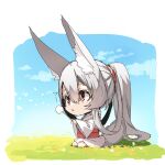  1girl animal_ear_fluff animal_ears bangs barefoot big_head blue_sky chibi clouds commentary_request day eyebrows_visible_through_hair fox_ears fox_girl fox_tail grey_hair hair_between_eyes highres holding japanese_clothes kimono long_hair long_sleeves obi on_grass original parted_lips ponytail red_eyes sash sitting sky solo tail very_long_hair white_kimono wide_sleeves yuuji_(yukimimi) 