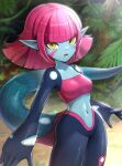  1girl bangs blue_skin breasts character_request colored_skin commentary copyright_request fangs gonzarez highres jungle monster_girl nature navel open_mouth pink_hair pointy_ears short_hair small_breasts solo tail 