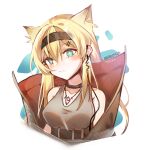  1girl animal_ears arknights bangs bare_shoulders black_choker black_hairband blonde_hair blush breasts choker collarbone eyebrows_visible_through_hair green_eyes grey_tank_top guanzhaishiroubushitu hair_ornament hairband hairclip head_tilt horn_(arknights) jewelry large_breasts long_hair necklace solo tank_top upper_body white_background wolf_ears 