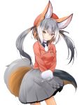  1girl absurdres animal_ears blazer gloves hat highres island_fox_(kemono_friends) jacket kemono_friends kemono_friends_v_project long_hair looking_at_viewer necktie open_mouth rascala39 school_uniform shirt shoes silver_hair simple_background skirt smile solo tail twintails virtual_youtuber 