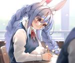  1girl animal_ear_fluff animal_ears bangs blue_hair blue_vest blush bow braid closed_mouth collared_shirt dokkumaa from_side glasses hair_between_eyes hair_bow highres holding holding_pen hololive indoors long_hair looking_away neck_ribbon pen rabbit_ears red_eyes red_ribbon ribbon round_teeth shirt short_eyebrows solo_focus teeth thick_eyebrows twin_braids twintails usada_pekora vest virtual_youtuber white_bow white_shirt 