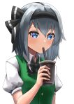  1girl absurdres bangs black_hairband black_ribbon blue_eyes blush bow cup disposable_cup drinking drinking_straw eyebrows_visible_through_hair green_vest hair_ribbon hairband highres holding konpaku_youmu looking_at_viewer puffy_short_sleeves puffy_sleeves ramiki ribbon shirt short_hair short_sleeves silver_hair solo touhou upper_body vest white_background white_shirt 
