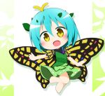  1girl antennae aqua_hair barefoot blush butterfly_wings dress eternity_larva eyebrows_visible_through_hair fairy full_body green_dress hair_between_eyes leaf leaf_on_head multicolored_clothes multicolored_dress open_mouth senba_chidori short_hair short_sleeves smile solo touhou wings yellow_eyes 