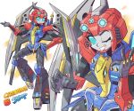 1girl autobot blue_eyes character_name hand_on_hip highres looking_at_viewer mecha mechanical_wings multiple_views one_eye_closed open_hand science_fiction smile sunafuki_tabito swoop_(transformers) transformers transformers_cyberverse v-shaped_eyebrows wings
