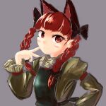  1girl animal_ears blush bow braid cat_ears dress extra_ears hair_bow kaenbyou_rin kys_(k-k2) long_hair long_sleeves looking_at_viewer puffy_sleeves red_eyes redhead smile solo touhou twin_braids twintails upper_body 