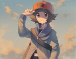  1boy belt belt_buckle black_belt black_shirt blue_jacket brown_eyes brown_hair buckle closed_mouth clouds commentary day hand_on_headwear hand_up hat hilbert_(pokemon) jacket long_sleeves looking_at_viewer male_focus outdoors poke_ball_print pokemon pokemon_(game) pokemon_bw red_headwear shibano_1103 shirt short_hair sky solo strap zipper_pull_tab 