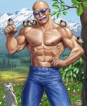  1boy abs animal_on_arm animal_on_shoulder bald bird bird_on_arm bird_on_hand bird_on_shoulder cat clenched_hand cowboy_shot day denim eurasian_tree_sparrow facial_hair field hand_on_hip jeans leaf male_focus matataku mountainous_horizon muscular muscular_male mustache navel old old_man original outdoors pants pectorals smirk solo sparrow sunglasses surprised_cat_(matataku) tree white_cat white_facial_hair 