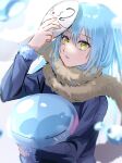  1girl blue_coat blue_hair blurry blurry_foreground coat fur-trimmed_sleeves fur_trim highres holding holding_mask long_sleeves looking_at_viewer mask medium_hair parted_lips rimuru_tempest sayu0511 scarf shiny shiny_hair sketch solo tensei_shitara_slime_datta_ken upper_body yellow_eyes 