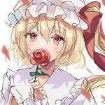  1girl bangs blonde_hair blush eyebrows_visible_through_hair flandre_scarlet flower frilled_shirt_collar frills hair_between_eyes hat hat_ribbon highres holding holding_flower looking_at_viewer mob_cap motion_blur red_eyes red_flower red_ribbon red_rose ribbon rose shirt simple_background solo touhou upper_body usushio vest white_background white_headwear white_shirt wings 