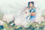  1girl belt black_hair blue_dress dress earrings facial_mark flower forehead_mark highres jewelry leaf looking_at_viewer meng_she ribbon sash solo veil white_background white_belt xian_jian_qi_xia_zhuan zhao_linger 