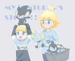  1boy 1girl :d ahoge akasaka_(qv92612) arms_up basket blonde_hair blue_shirt bonnie_(pokemon) brother_and_sister character_doll character_print clemont_(pokemon) closed_mouth commentary_request doll glasses grey_background highres holding holding_doll jacket luxio luxray medium_hair open_mouth pokemon pokemon_(game) pokemon_xy round_eyewear shinx shirt short_sleeves siblings smile t-shirt tongue 