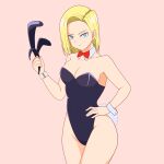  1girl android_18 animal_ears bare_legs blonde_hair blue_eyes bow bowtie breasts commentary_request cowboy_shot detached_collar dragon_ball dragon_ball_z drill_bulbul fake_animal_ears hairband_removed hand_on_hip highres looking_at_viewer medium_breasts pink_background playboy_bunny rabbit_ears rabbit_tail red_bow red_bowtie short_hair simple_background solo standing tail wrist_cuffs 