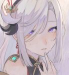  1girl chase_06 crying crying_with_eyes_open earrings eyebrows_behind_hair face genshin_impact gold_trim hair_between_eyes hair_bun hair_ornament hair_over_one_eye hand_on_own_chin highres horns jewelry long_hair looking_at_viewer mole nail_polish parted_lips shenhe_(genshin_impact) simple_background solo tears tsurime violet_eyes white_hair 