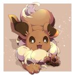  :3 :d animal_focus border bright_pupils brown_background brown_eyes claws eevee fluffy full_body highres ktyon3 looking_at_viewer no_humans open_mouth pawpads pokemon pokemon_(creature) smile white_border white_pupils 