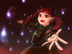  1girl :d animal_ears bow braid cat_ears dress fang fangs fire grey_background hitodama kaenbyou_rin kys_(k-k2) looking_at_viewer open_mouth outstretched_arms red_eyes redhead simple_background skin_fangs smile solo touhou twin_braids twintails 