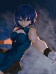  1girl absurdres angry bangs blue_dress blue_eyes blue_hair breasts ciel_(tsukihime) clothing_cutout commentary_request dress eyebrows_visible_through_hair gloves highres kizzif0012 looking_away medium_breasts melty_blood melty_blood:_type_lumina open_mouth powered_ciel short_hair sleeveless solo teeth tsukihime tsukihime_(remake) white_gloves 