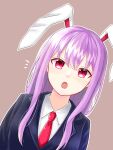  1girl :o animal_ears bangs blazer blush dutch_angle eyebrows_visible_through_hair jacket kanoto_(akmr2834) long_hair looking_at_viewer necktie notice_lines open_mouth outline purple_background purple_hair rabbit_ears red_eyes reisen_udongein_inaba shirt simple_background solo touhou upper_body white_outline white_shirt 