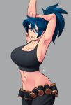  1girl absurdres armpits arms_up artist_name belt black_tank_top blue_eyes blue_hair breasts earrings fu_shark highres jewelry leona_heidern looking_at_viewer midriff navel ponytail signature smile solo tank_top the_king_of_fighters the_king_of_fighters_xiii triangle_earrings 