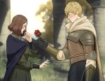  1boy 1girl armor black_gloves blonde_hair blue_cape blurry blurry_background blush brown_eyes brown_hair cape closed_mouth commentary dress elden_ring english_commentary flower francisco_mon from_side gauntlets gloves grass green_dress highres holding holding_flower melina_(elden_ring) open_mouth red_flower red_rose rose short_hair surprised sweatdrop tarnished_(elden_ring) tree white_cape 