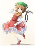  :3 animal_ears bangs bow bowtie brown_eyes brown_hair cat_ears cat_tail chen clip_studio_paint_(medium) closed_mouth dress earrings eyebrows_visible_through_hair fingernails frilled_dress frills full_body green_headwear hat highres jewelry leg_up loafers long_fingernails long_sleeves mandarin_collar mob_cap multiple_tails nekomata red_dress red_footwear red_nails ribbon shoes short_hair simple_background single_earring socks standing standing_on_one_leg tail tarumaru touhou two_tails white_background white_legwear white_sleeves yellow_bow yellow_bowtie yellow_ribbon 