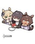  3girls amonitto animal_ears apple bangs bitter_glasse_(umamusume) black_hair black_jacket blonde_hair brown_eyes brown_hair chibi dark-skinned_female dark_skin food frown fruit gasp green_eyes highres horse_ears horse_girl horse_tail jacket kashimoto_riko knife little_cocon_(umamusume) long_sleeves multiple_girls o_o open_mouth plate sailor_collar school_uniform shirt simple_background sweat tail to_be_continued tracen_school_uniform umamusume white_background white_shirt 