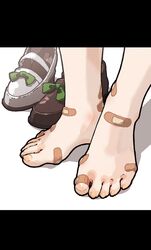  1girl amonitto asymmetrical_footwear bandaid bandaid_on_foot barefoot black_footwear close-up commentary_request feet feet_only foot_focus highres letterboxed mismatched_footwear shadow shoes shoes_removed silence_suzuka_(umamusume) toes umamusume white_footwear 