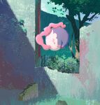  closed_eyes commentary_request cracked_wall day eyelashes floating grass illustration_room_nagi musharna no_humans outdoors pokemon pokemon_(creature) solo tree 