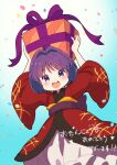  1girl :d ahoge arms_up blue_background blush bowl eyebrows_visible_through_hair gift gradient gradient_background hair_intakes happy highres holding holding_gift iris_anemone japanese_clothes kimono long_sleeves looking_at_viewer no_hat no_headwear open_mouth purple_hair red_kimono sash short_hair simple_background smile solo sukuna_shinmyoumaru touhou violet_eyes wide_sleeves 