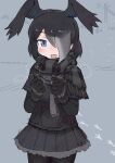  1girl adapted_costume bird_girl bird_wings black_gloves black_hair black_legwear black_scarf black_shirt black_skirt blue_eyes breath commentary_request elbow_gloves fur_trim gloves grey_fur grey_hair grey_necktie hair_over_one_eye head_wings highres jungle_crow_(kemono_friends) kemono_friends multicolored_hair necktie pantyhose plaid plaid_scarf pleated_skirt sailor_collar scarf shirt short_sleeves skirt solo toxicnyannyan wings winter winter_clothes 