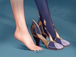  1girl absurdres artist_name barefoot blue_background blue_nails close-up dated feet feet_only foot_focus from_side genshin_impact greek_toe high_heels highres nail_polish out_of_frame purple_footwear purple_legwear shoes shoes_removed single_shoe single_thighhigh solo stiletto_heels thigh-highs tiptoes toenail_polish toenails toes xhb yelan_(genshin_impact) 