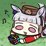  1girl animal_ears bandages brown_headwear gold_ship_(umamusume) grass horse_ears horse_girl horse_tail jacket jazz_jack long_hair long_sleeves lowres lying musical_note on_side open_clothes open_mouth outdoors purple_hair red_jacket rubik&#039;s_cube solo spoken_musical_note tail track_jacket track_uniform umamusume 