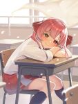  1girl arm_pillow bangs black_legwear blush brown_eyes chair classroom closed_mouth desk dokkumaa eyebrows_visible_through_hair hair_ribbon heterochromia highres hololive houshou_marine indoors kneehighs long_hair long_sleeves looking_at_viewer looking_to_the_side pleated_skirt red_eyes red_ribbon red_skirt redhead ribbon school_chair school_desk school_uniform shirt sitting skirt smile solo twintails virtual_youtuber white_shirt 