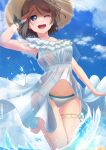  1girl :d arm_up bangs bikini bikini_under_clothes bird blue_eyes blue_flower blue_sky breasts clothes_lift clouds collarbone dress dress_lift flower frilled_dress frills grey_hair hair_between_eyes hat in_water light_blush love_live! love_live!_sunshine!! medium_breasts navel one_eye_closed open_mouth outdoors salute satolive20 see-through see-through_dress short_hair short_sleeves sky smile solo splashing sun_hat sunlight swimsuit swimsuit_under_clothes teeth thigh_strap upper_teeth watanabe_you water wet wet_clothes white_bikini white_dress white_swimsuit 