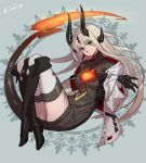  1girl arknights black_gloves boots dragon_horns dragon_tail flame-tipped_tail gloves horns jacket kome_(vm500) long_hair reed_(arknights) ribbed_sweater signature sweater tail thigh-highs white_jacket 