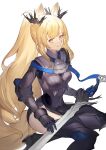 1girl animal_ear_fluff animal_ears arknights armor armored_boots armored_dress ascot black_dress blemishine_(arknights) blemishine_(moon_catastrborn)_(arknights) blonde_hair boots breasts closed_mouth dress elbow_pads gauntlets grey_ascot haocong33 high_heel_boots high_heels highres holding holding_sword holding_weapon horse_ears horse_girl horse_tail long_hair looking_at_viewer medium_breasts official_alternate_costume pelvic_curtain ponytail red_eyes sidelocks simple_background sitting smile solo sword tail thigh-highs thigh_boots very_long_hair weapon white_background yokozuwari 