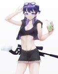  1girl absurdres aiv andreana_(arknights) arknights arm_up bare_arms bare_shoulders black_shirt black_shorts commentary cowboy_shot crop_top cup cutoffs drinking_straw eyewear_on_head glasses gun hand_up highres holding holding_cup looking_at_viewer midriff navel purple_hair rifle shirt short_hair shorts side_ponytail simple_background smile sniper_rifle solo standing stomach thighs violet_eyes weapon white_background 