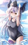  1girl =_= animal_on_head bangs bird black_swimsuit blue_sky braid breasts closed_eyes clouds cloudy_sky commentary_request covered_navel crow crow_(la+_darknesss) day demon_horns eyebrows_visible_through_hair grey_hair grin hair_between_eyes highres hololive horns la+_darknesss long_hair looking_at_viewer mctom multicolored_hair on_head one-piece_swimsuit outdoors purple_hair purple_legwear single_thighhigh sky small_breasts smile solo splashing streaked_hair swimsuit thigh-highs very_long_hair virtual_youtuber wet wet_clothes wet_hair wet_swimsuit 