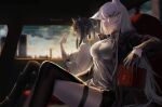  2girls animal_ears arknights bangs bare_shoulders black_gloves black_hair black_legwear book breasts bullet car_interior crossed_legs gloves grey_eyes grey_shirt hair_between_eyes hair_bun hair_ornament hairclip highres holding holding_book holding_bullet jacket lappland_(arknights) large_breasts long_hair long_sleeves multiple_girls open_clothes open_jacket saikre shirt sidelocks silver_hair texas_(arknights) thigh_strap thighs very_long_hair wolf_ears 