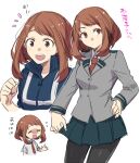  1girl ? blazer boku_no_hero_academia brown_eyes brown_hair clenched_hand closed_eyes collared_shirt green_skirt hand_on_hip jacket looking_at_viewer multiple_views necktie open_mouth pantyhose pleated_skirt red_necktie school_uniform shirt sidelocks skirt tooru_(jux) u.a._school_uniform uraraka_ochako white_background 