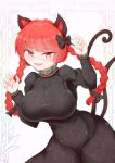  1girl :d animal_ears bangs bell bow braid breasts cat_ears cat_tail claw_pose dollyspica dress hair_bow kaenbyou_rin large_breasts long_hair long_sleeves looking_at_viewer multiple_tails nekomata open_mouth red_eyes redhead smile solo tail touhou twin_braids 