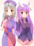  2girls :d animal_ears blazer blush breasts cowboy_shot crescent hat highres jacket large_breasts long_hair long_sleeves looking_at_viewer multiple_girls necktie pink_skirt purple_hair rabbit_ears reisen_udongein_inaba sashimi_irasuto silver_hair skirt smile touhou yagokoro_eirin 