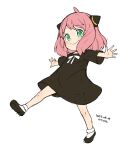  1girl ahoge anya_(spy_x_family) arms_up black_dress black_footwear child dated dress full_body green_eyes grey_background hair_ornament kanya_pyi leg_up outstretched_arms pink_hair shoes short_dress short_hair simple_background sketch smile socks solo spy_x_family standing standing_on_one_leg walking 