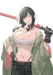  1girl absurdres bangs bare_shoulders black_gloves black_hair choker gloves highres holding holding_sword holding_weapon huang_(volt0526) long_hair looking_at_viewer navel off_shoulder open_mouth original red_eyes simple_background sketch solo strapless sword tube_top twintails weapon white_background 