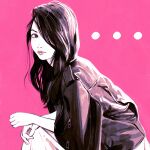  1girl dress from_side hair_over_one_eye hand_on_own_knee ilya_kuvshinov jacket jacket_on_shoulders knee_up leather leather_jacket lips long_hair looking_to_the_side monochrome original pink_background solo 