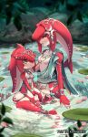  1boy 1girl blue_eyes blurry blurry_background blurry_foreground blush brother_and_sister colored_skin fins fish_boy fish_girl highres jewelry kamaniki leaf light_particles long_hair mipha monster_boy monster_girl motherly multicolored_skin no_eyebrows pointy_ears pond red_skin ripples rock siblings sidon sitting sitting_on_person smile the_legend_of_zelda the_legend_of_zelda:_breath_of_the_wild water yellow_eyes younger zora 