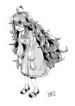  1girl ahoge breasts chichibu_(watson) commentary_request dress full_body greyscale hairband hex_maniac_(pokemon) highres hunched_over long_hair long_sleeves messy_hair monochrome open_mouth pokemon pokemon_(game) pokemon_xy shoes signature solo standing 